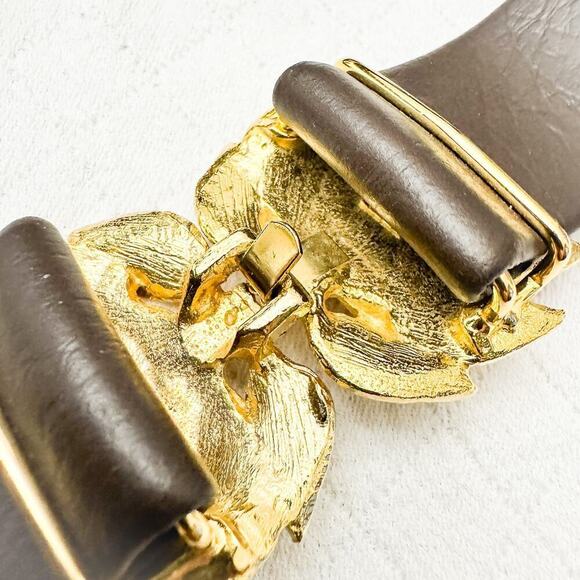 Vintage Gold Flower Brown Leather Belt Vintage Clasp Size M main image 8